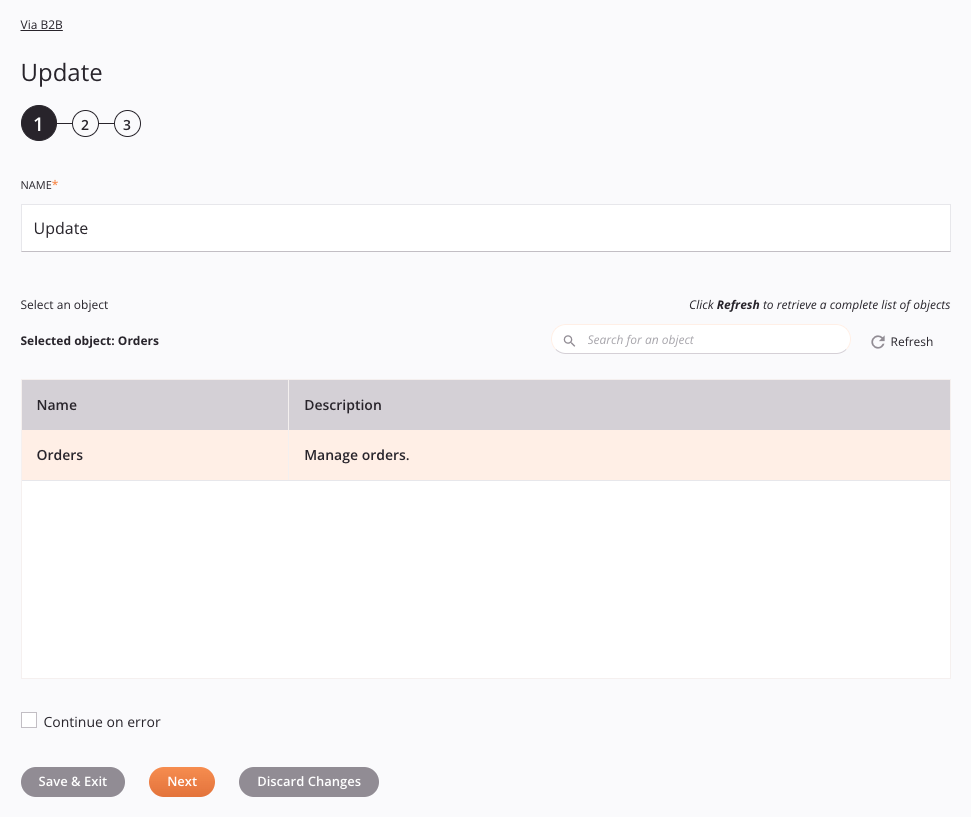 Via B2B Update activity configuration step 1