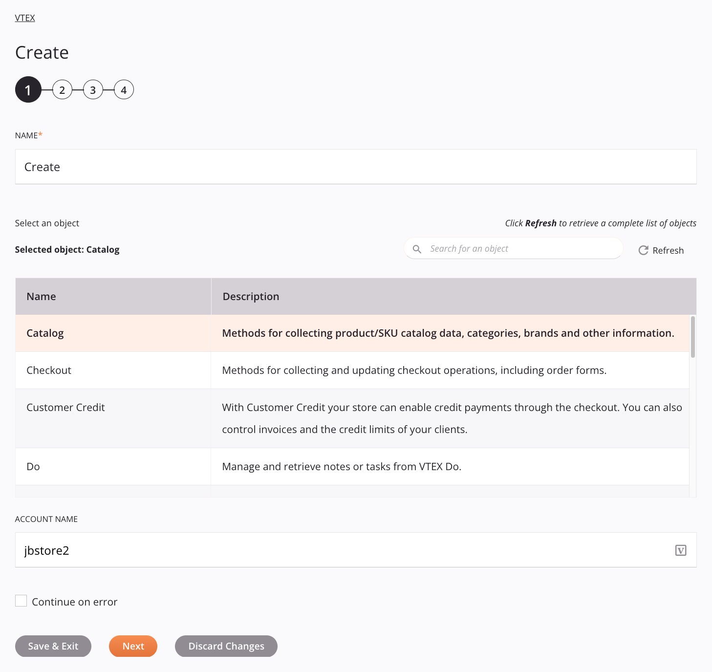 VTEX Create activity configuration step 1