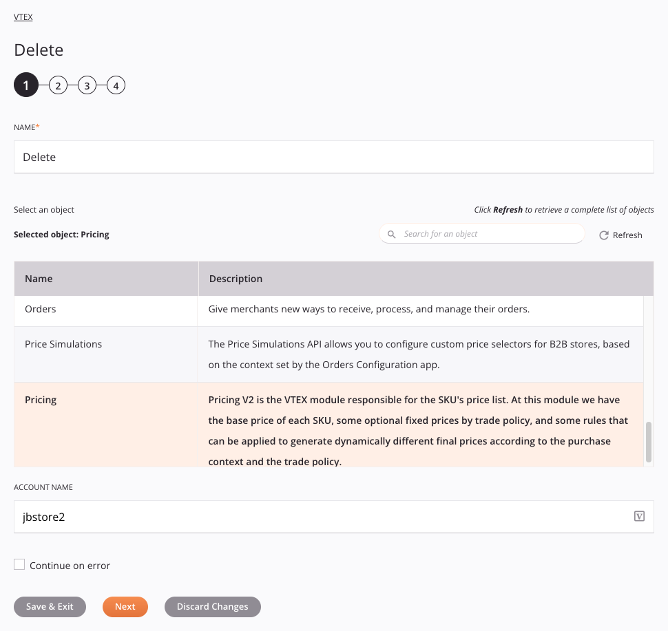 VTEX Delete activity configuration step 1