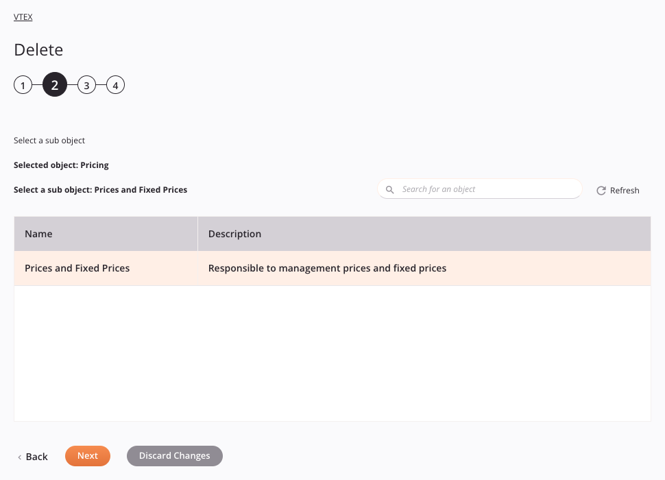 Etapa 2 da configuração da atividade de exclusão da VTEX