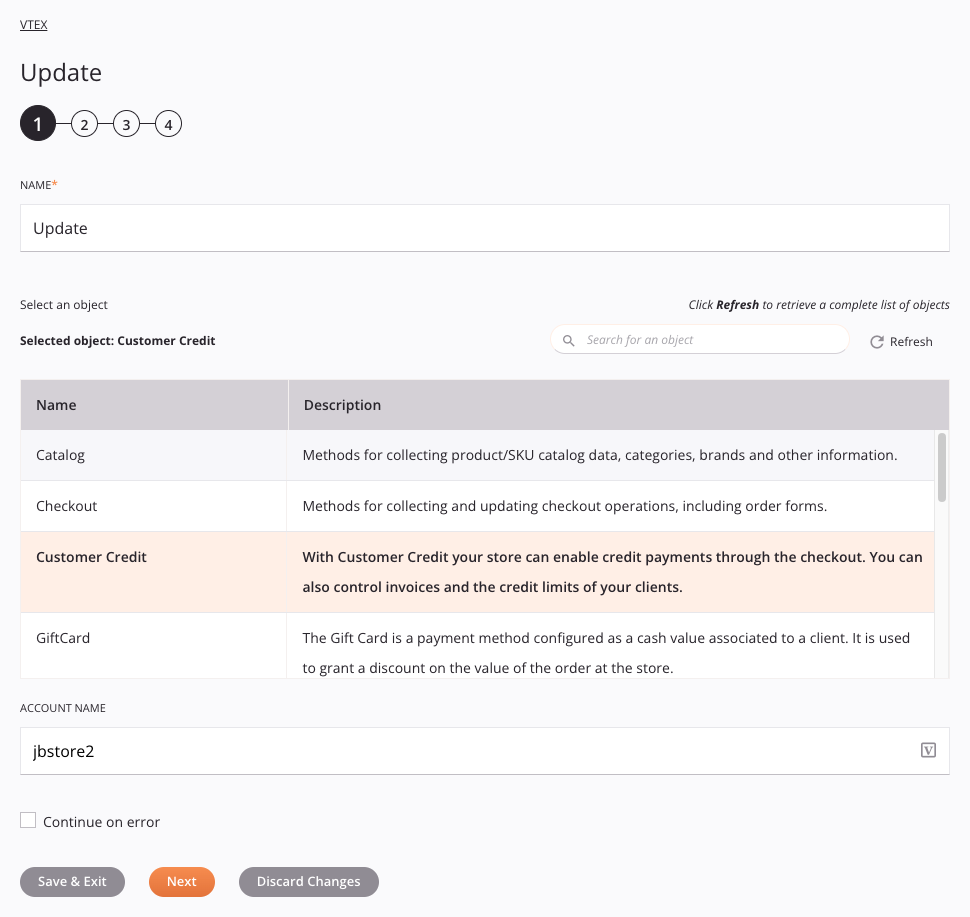 Configuración de la actividad de actualización de VTEX Paso 1