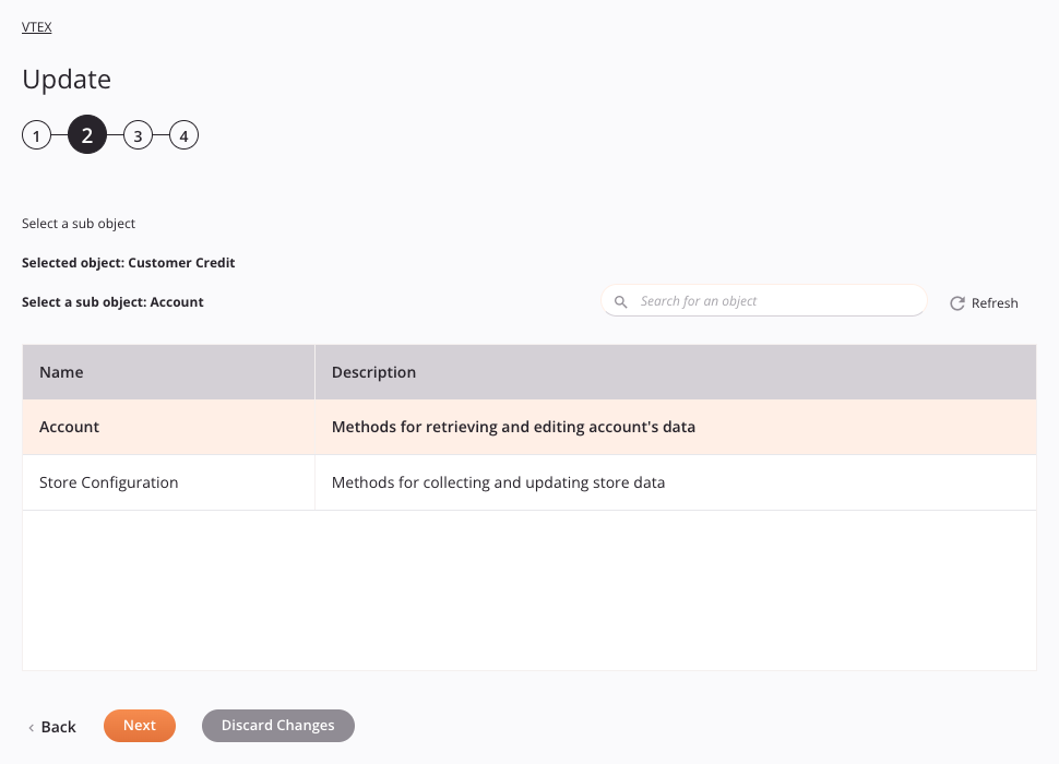 Etapa 2 da configuração da atividade de atualização VTEX