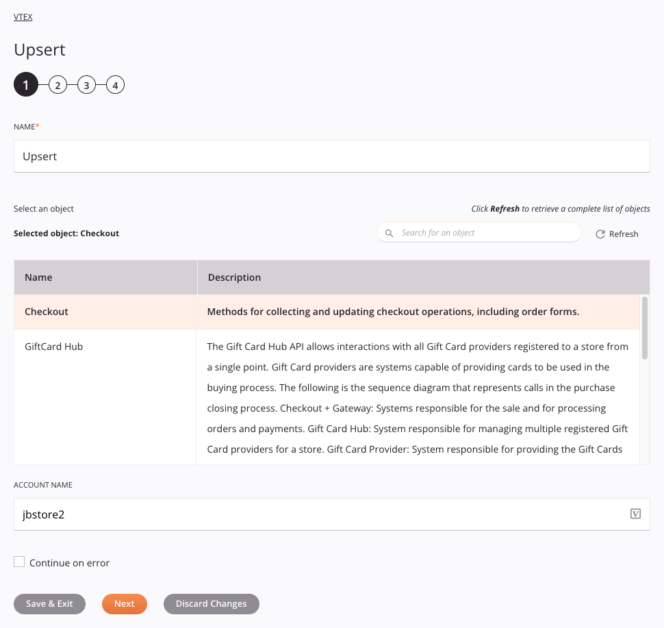 VTEX Upsert activity configuration step 1