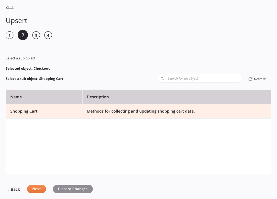 Configuración de la actividad VTEX Upsert Paso 2