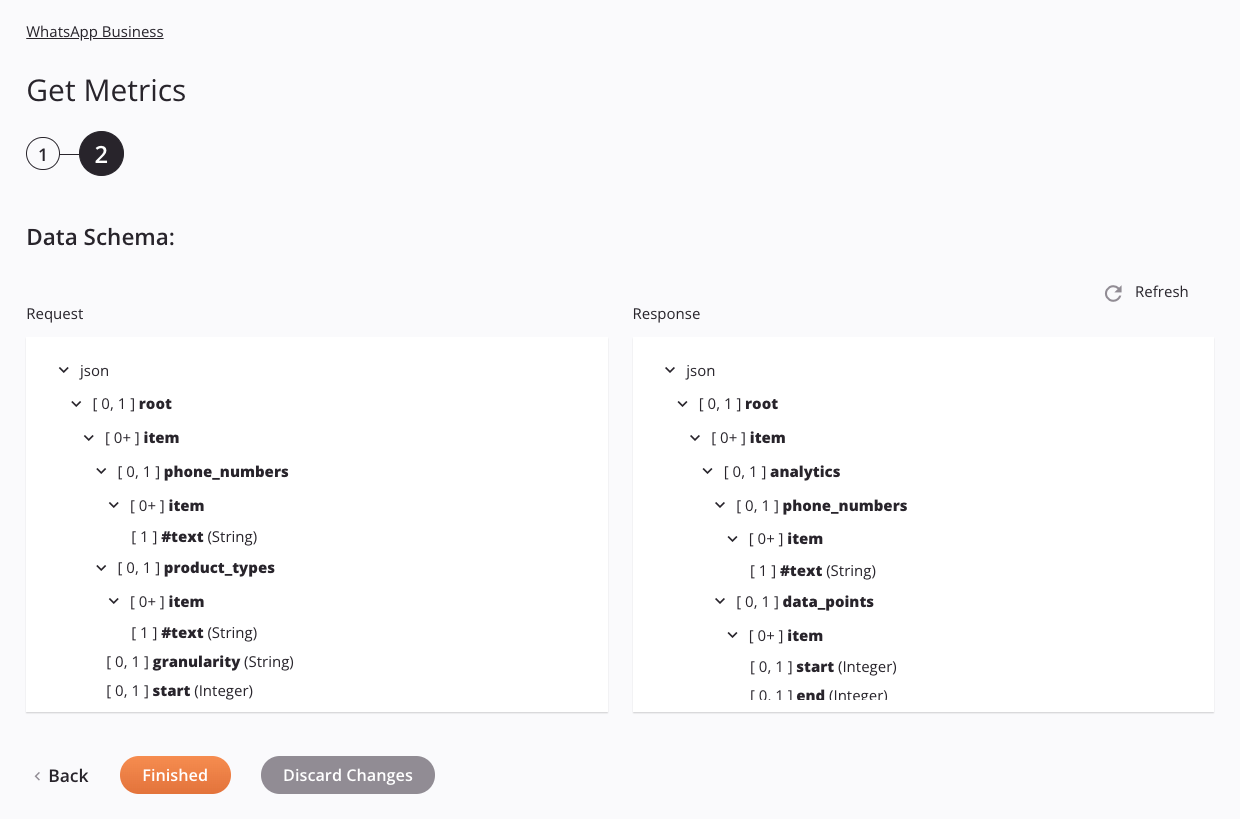 Paso 2 de configuración de actividad de obtención de métricas de WhatsApp Business