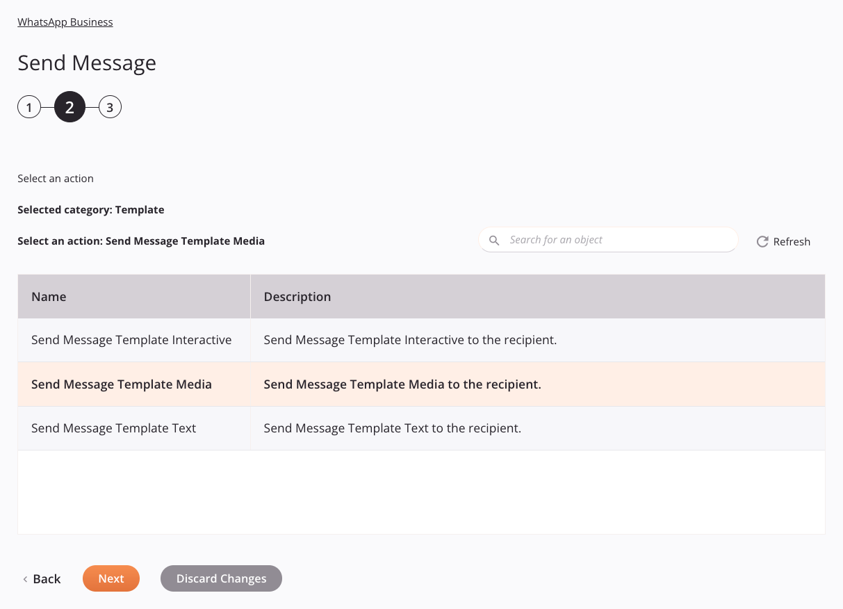 WhatsApp Business Send Message activity configuration step 2