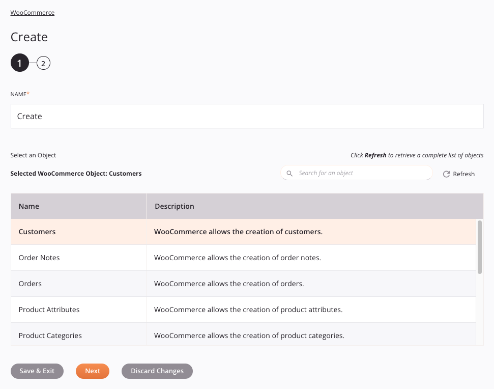 Paso 1 de configuración de actividad de creación de WooCommerce