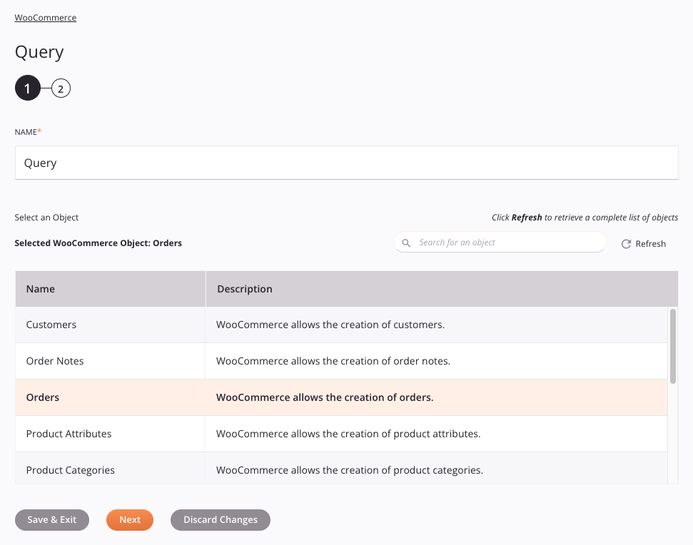 Etapa 1 da configuração da atividade de consulta WooCommerce