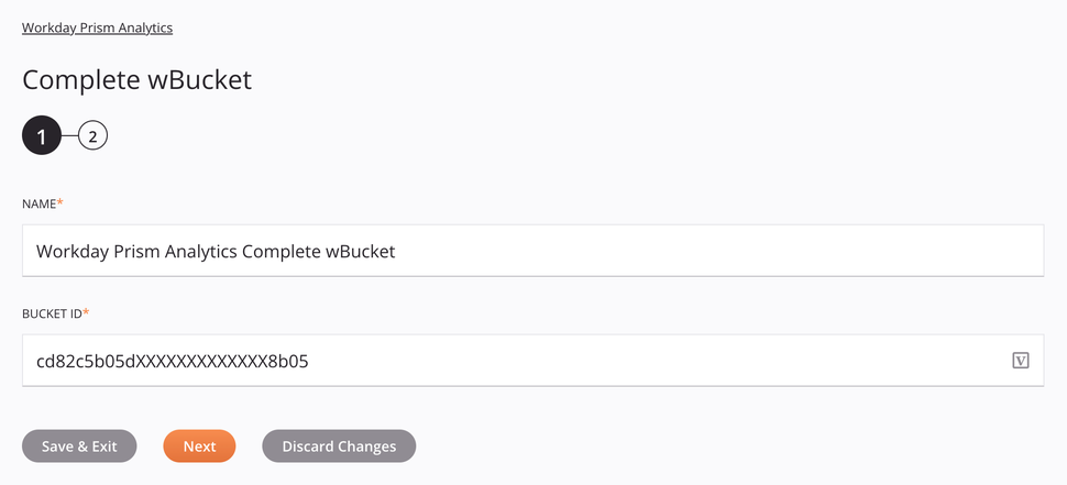 Workday Prism Analytics completa la configuración de la actividad de wBucket, paso 1