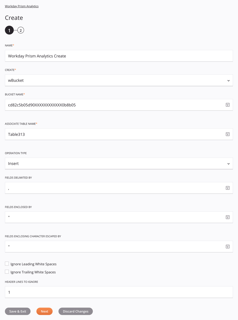 Workday Prism Analytics Criar configuração de atividade, etapa 1