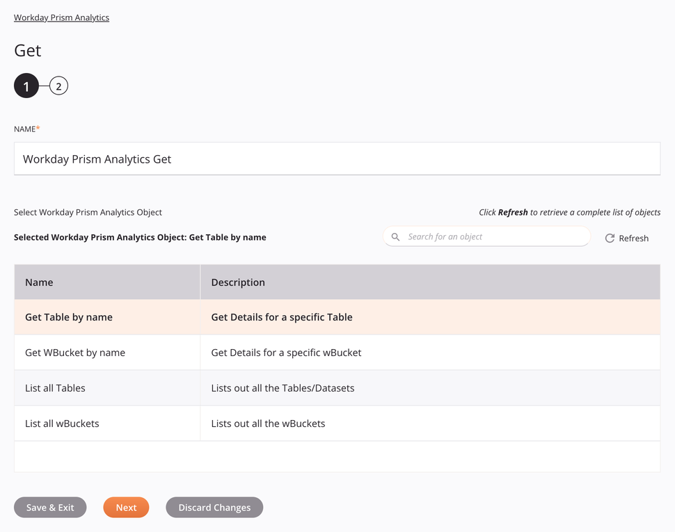 Workday Prism Analytics Get activity configuration step 1