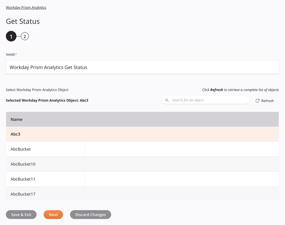 Workday Prism Analytics Get Status activity configuration step 1