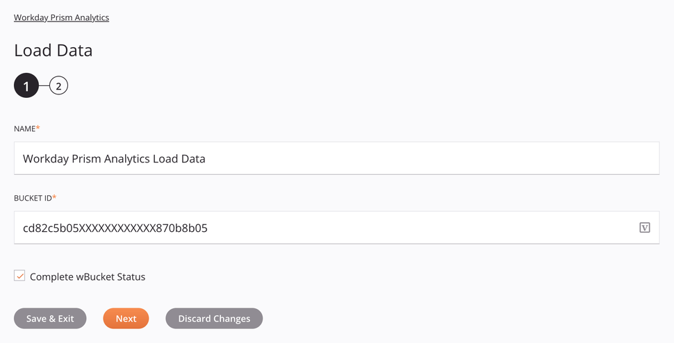 Workday Prism Analytics Load Data activity configuration step 1