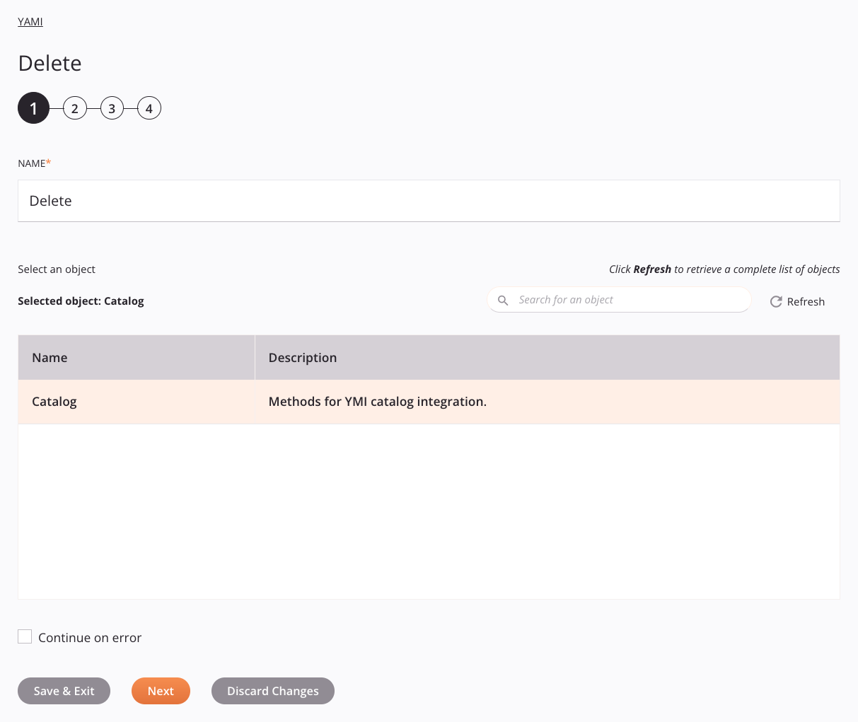 Paso 1 de configuración de actividad de eliminación de YAMI