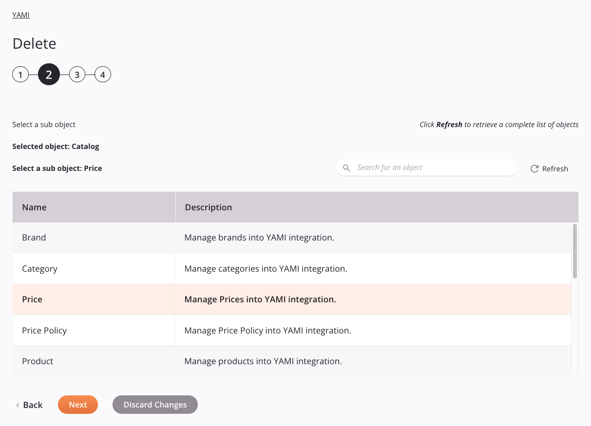 Paso 2 de configuración de actividad de eliminación de YAMI