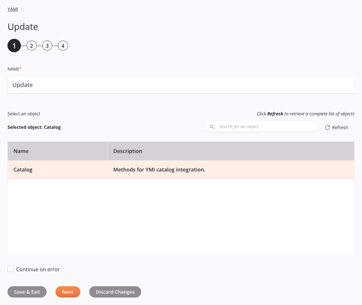 YAMI Update activity configuration step 1