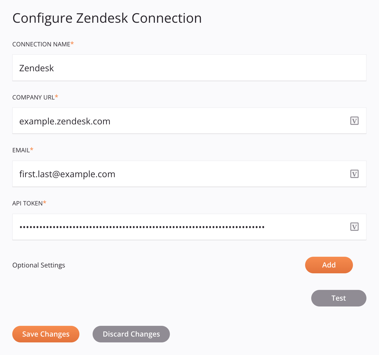 Configuração de conexão do Zendesk