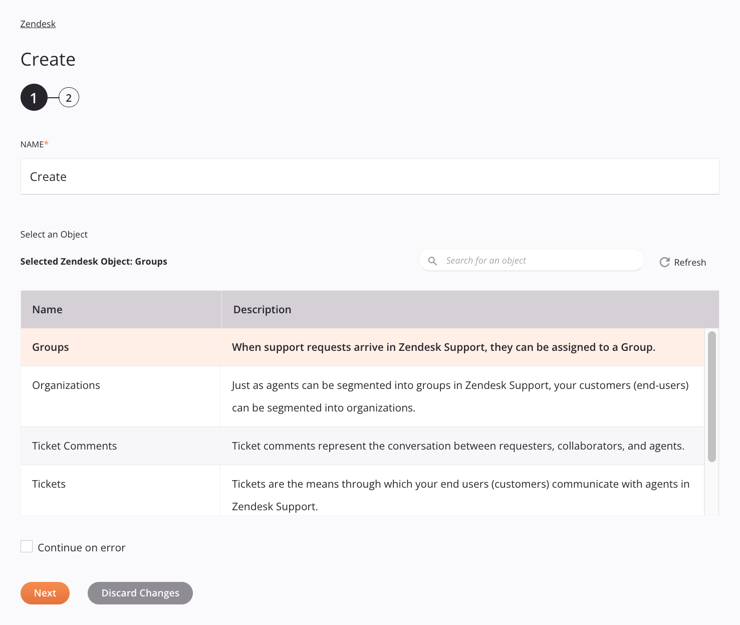 Zendesk Create activity configuration step 1