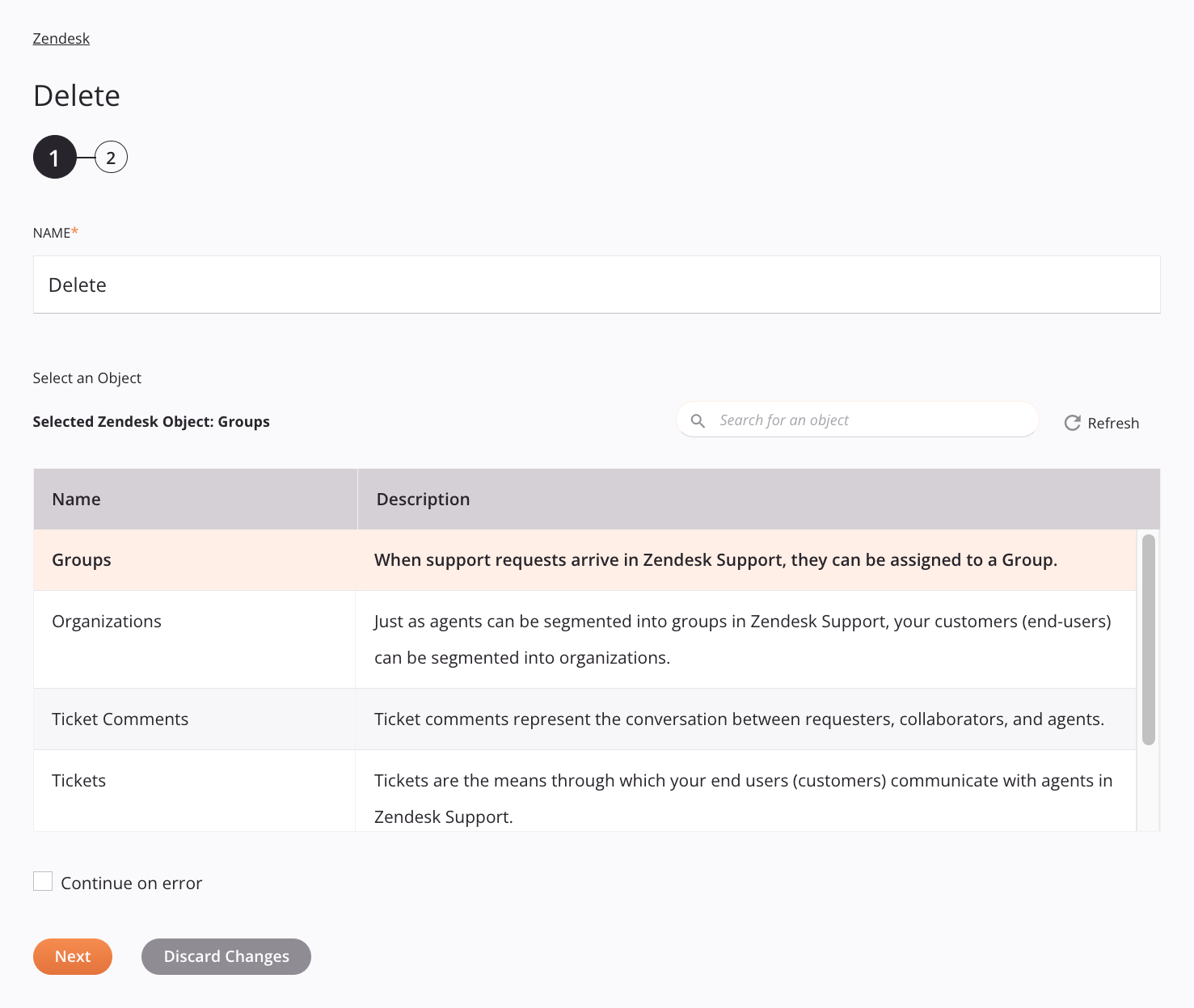 Zendesk Delete activity configuration step 1