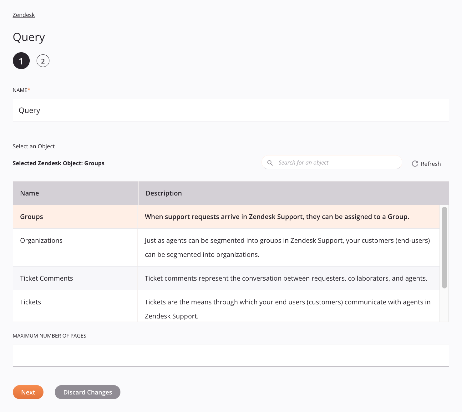 Etapa 1 da configuração da atividade de consulta do Zendesk