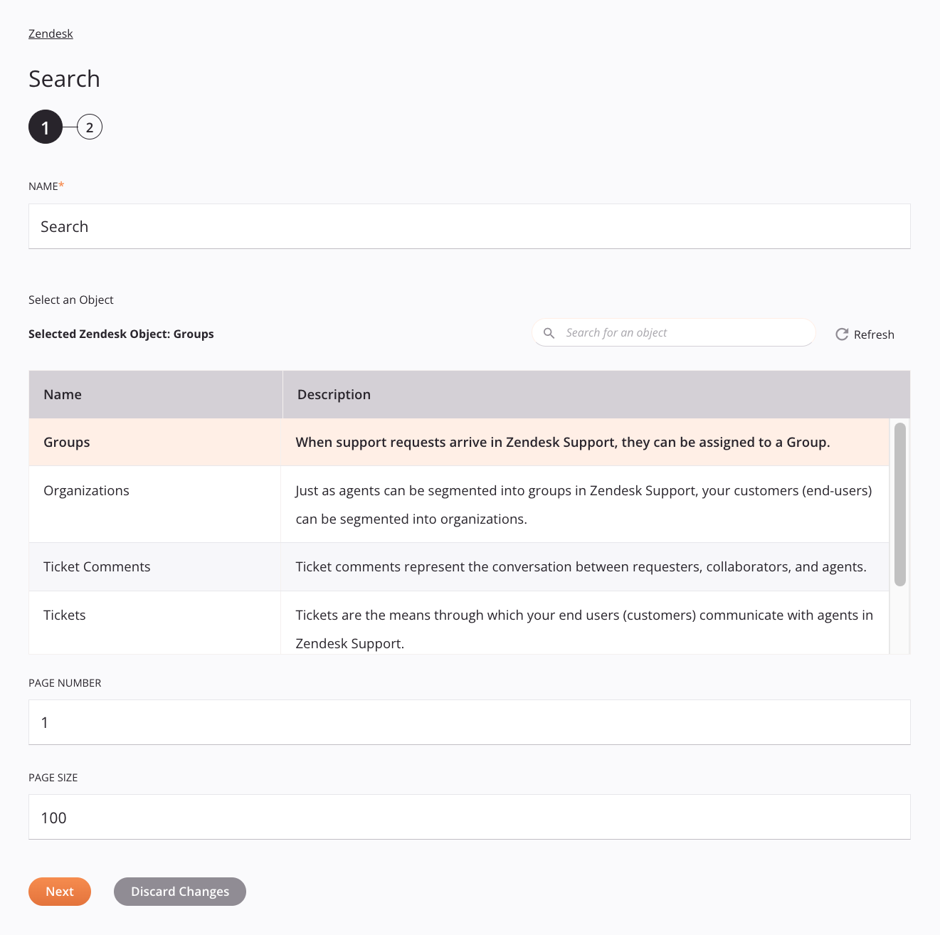 Zendesk Search activity configuration step 1