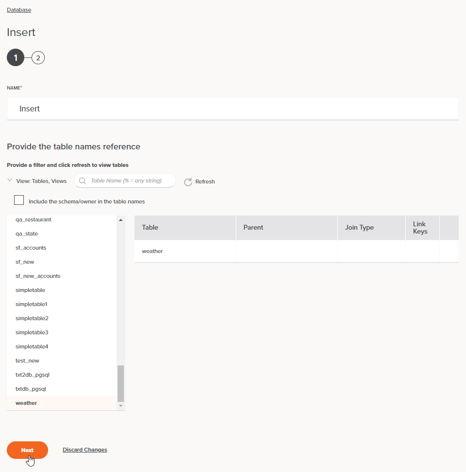 database insert step 1 select table next