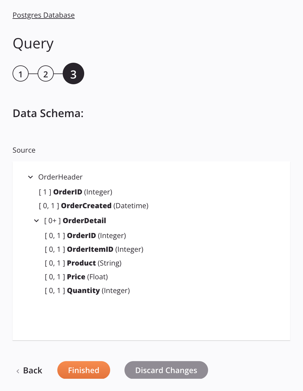 orden del esquema de datos del paso 3 de la consultar de la base de datos