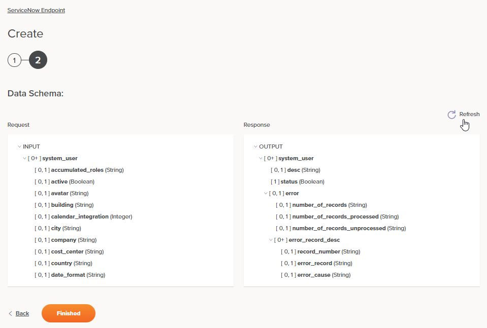 ServiceNow create step 2 data schema refresh