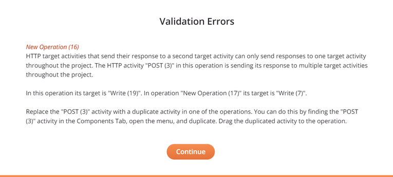 validation errors HTTP target activities