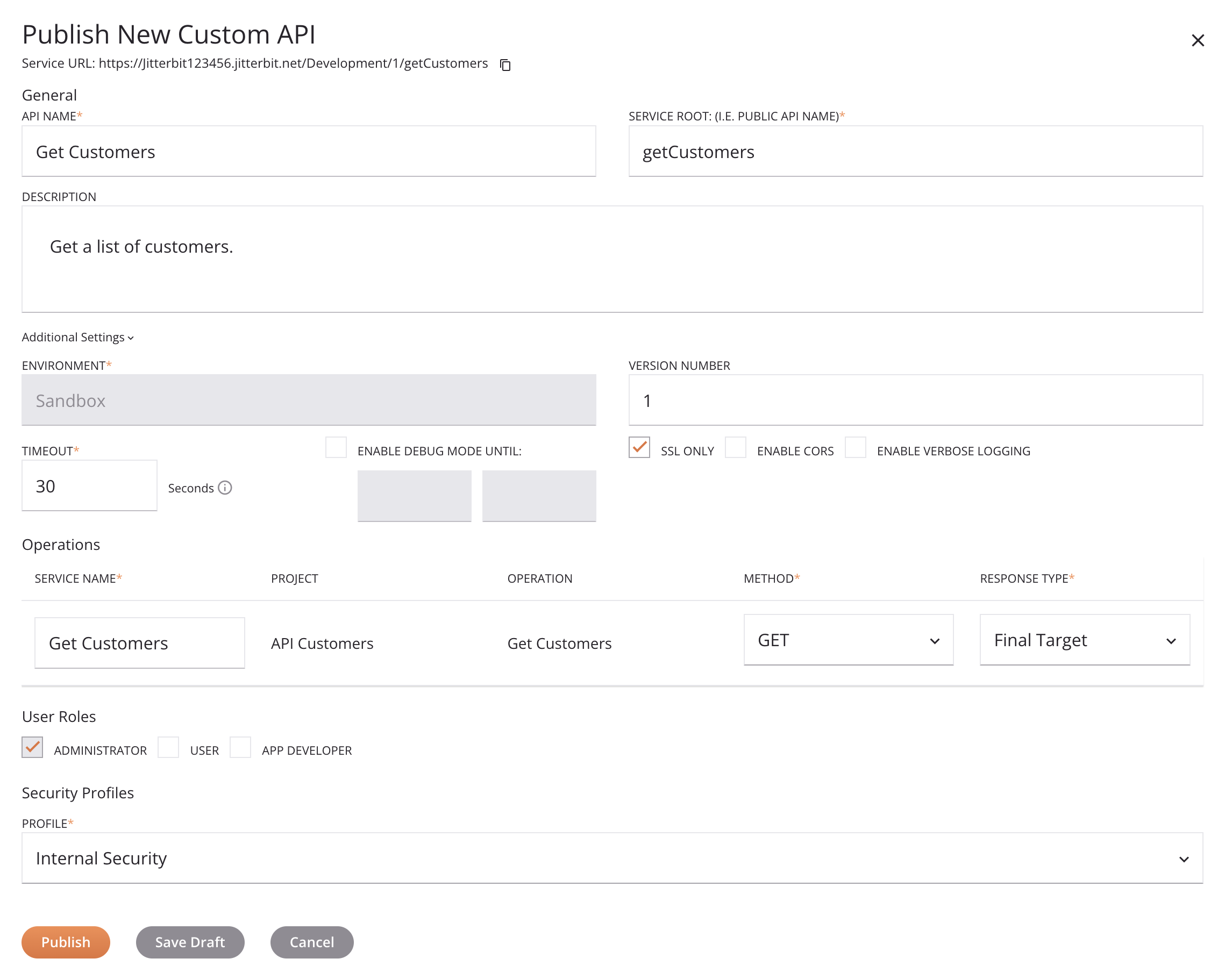 configuración de API personalizada de cs