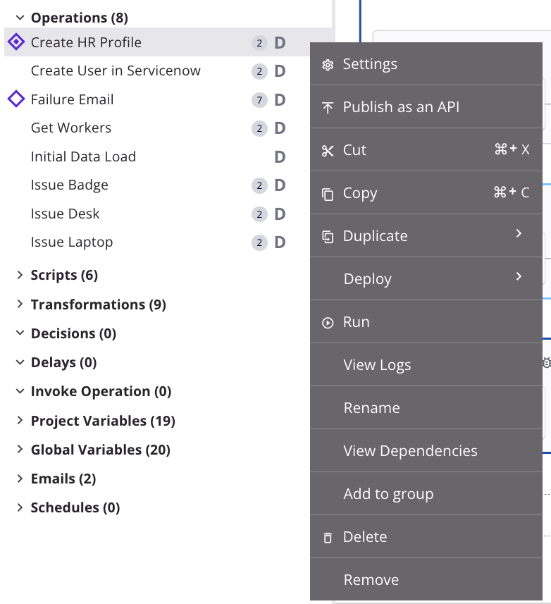 operations actions menu