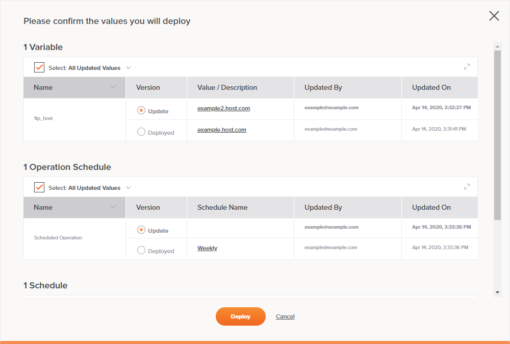 deploy variable operation schedule schedule