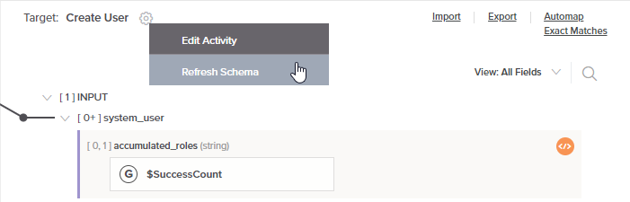 target schema actions menu refresh schema