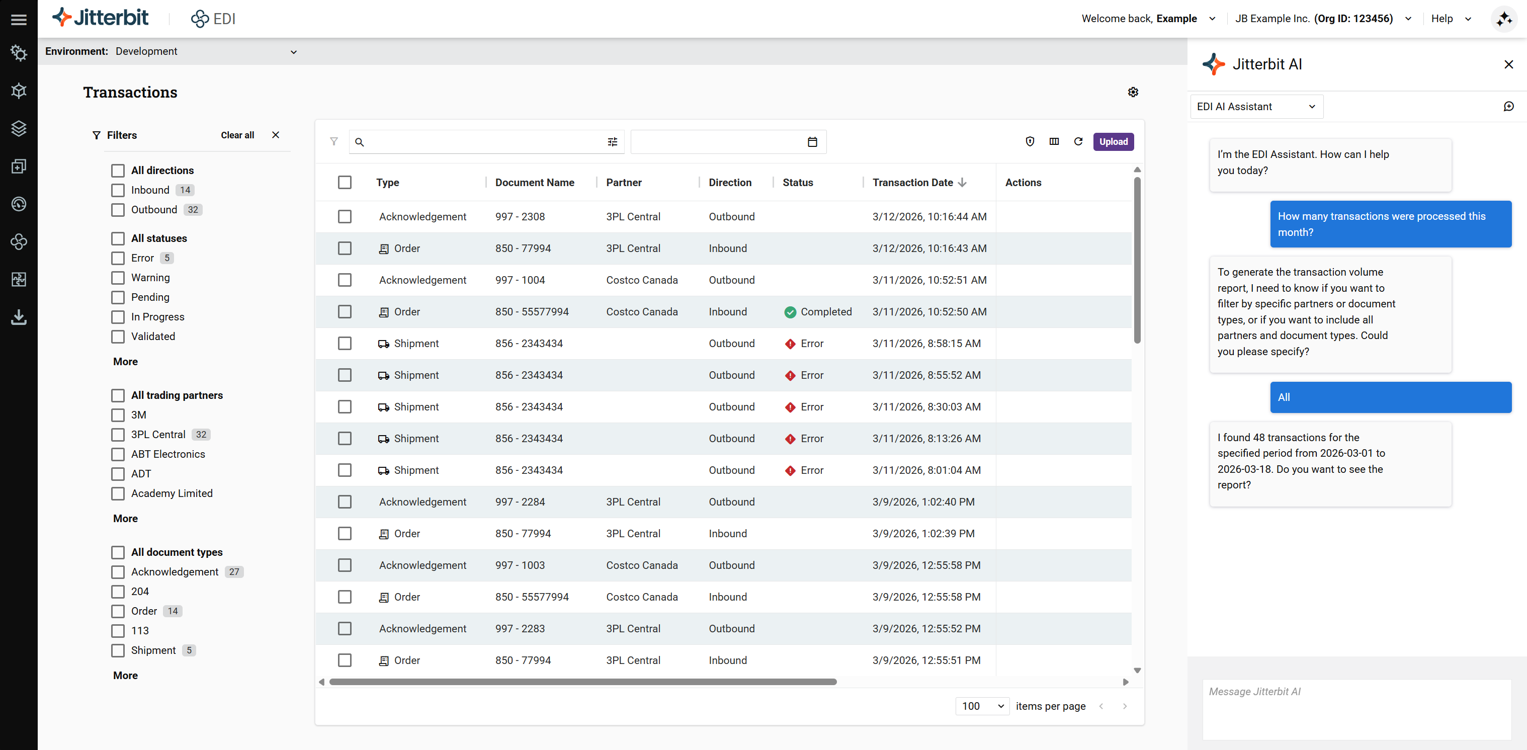 EDI header with AI assistant open