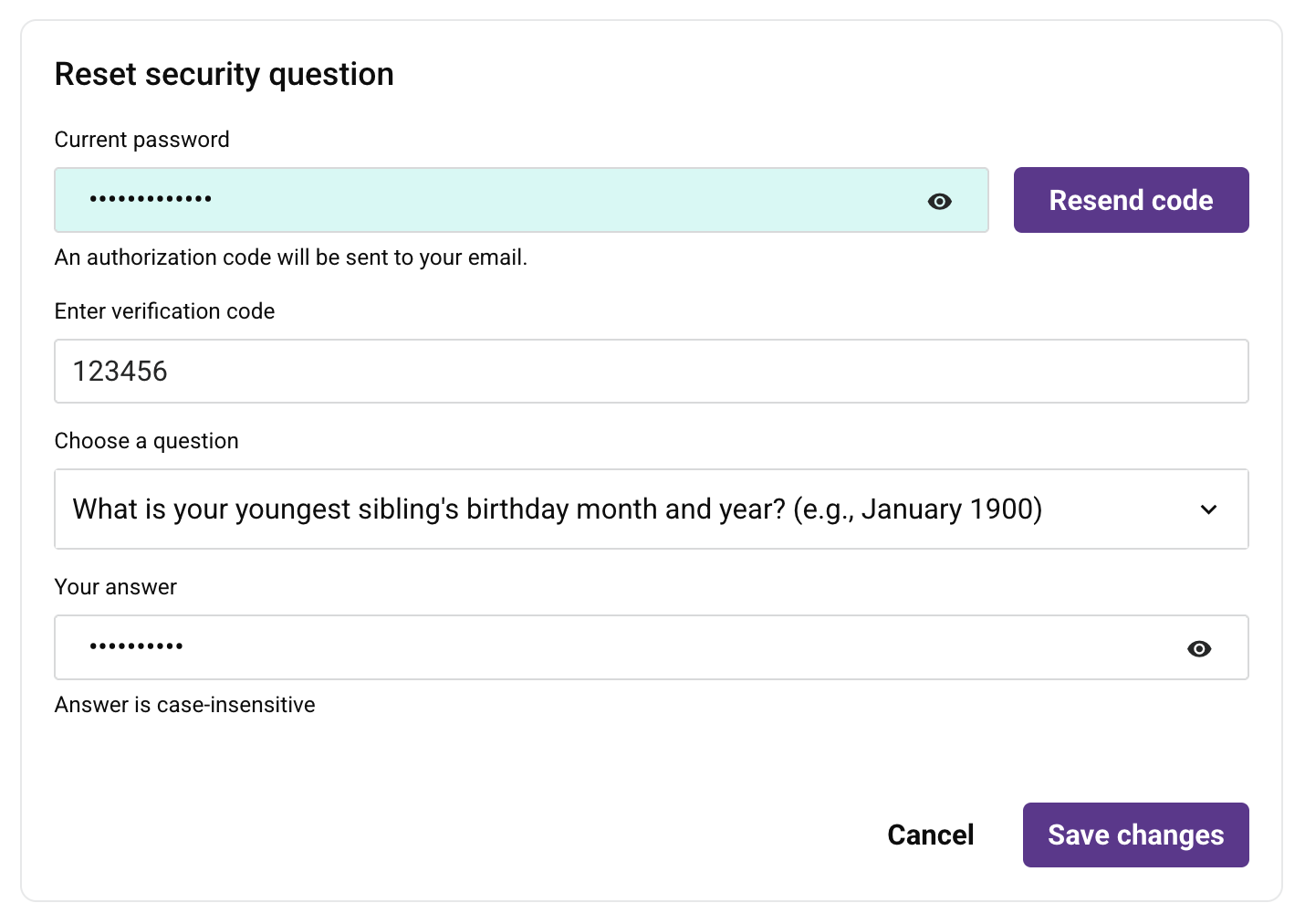 Reset security question