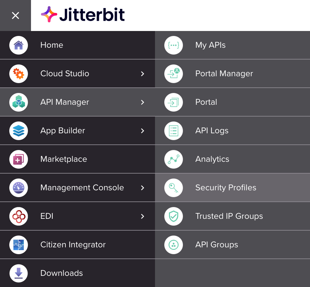 menú Perfiles de seguridad del API Manager