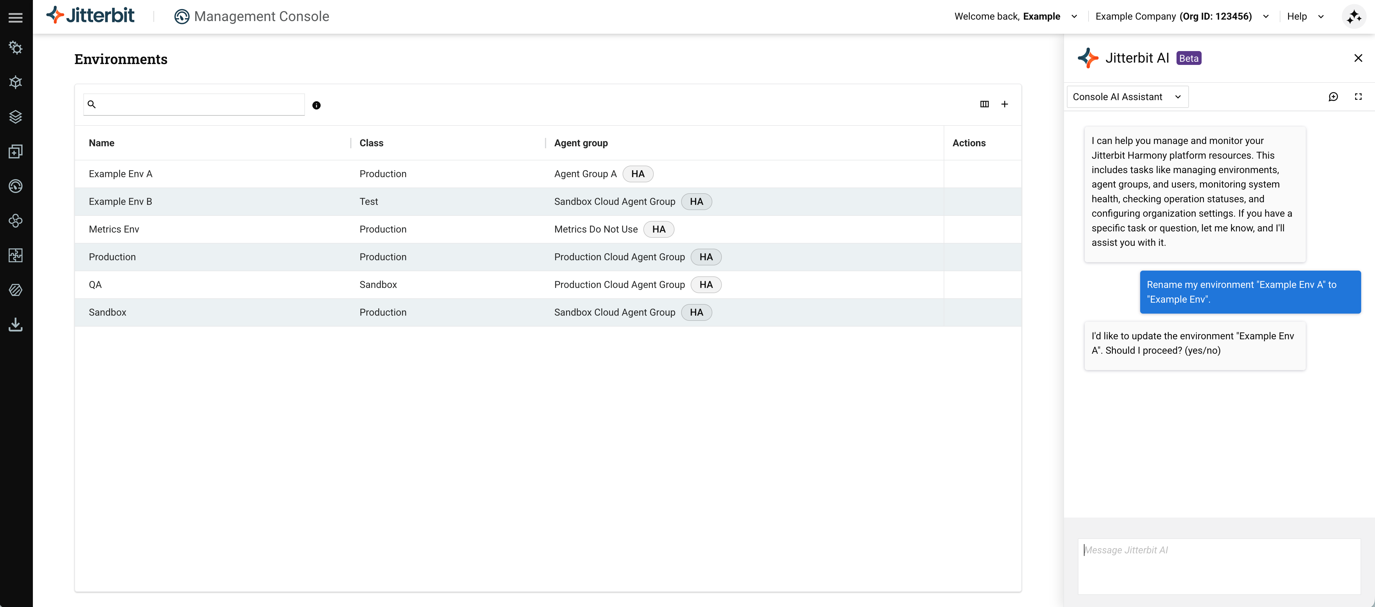 Environments header with AI assistant open