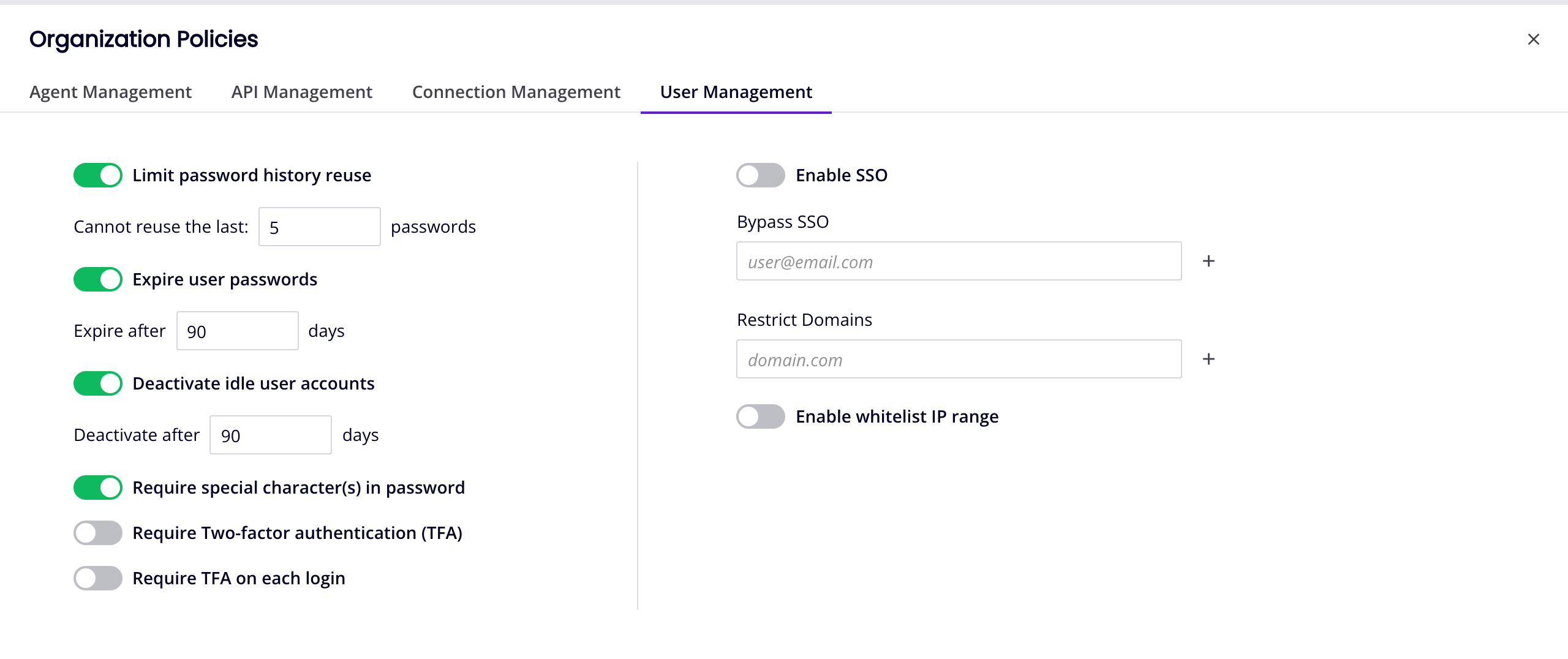 User management tab