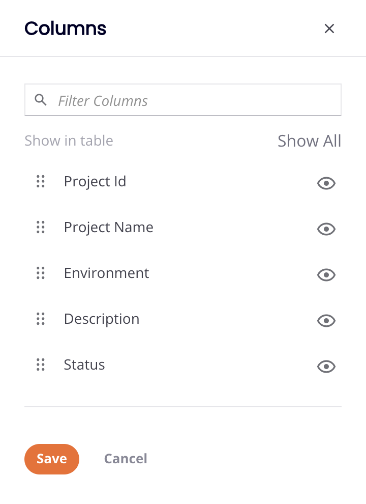 filter columns dialog