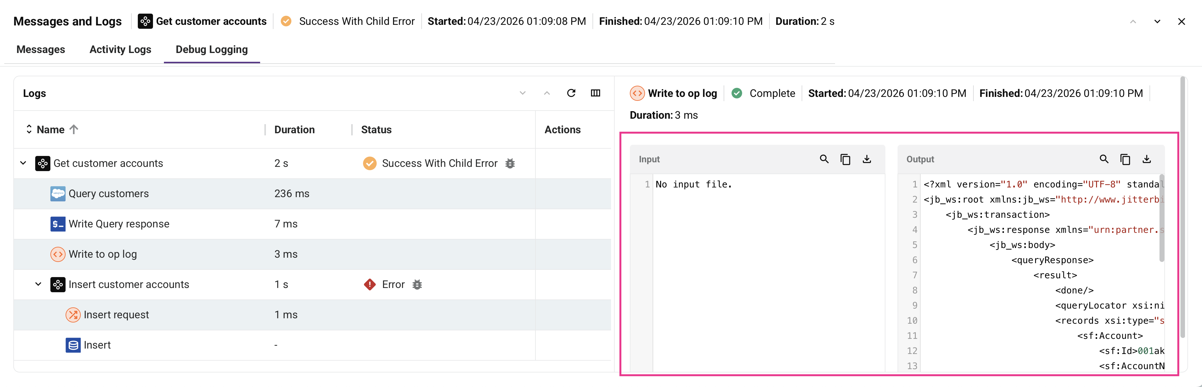 log table operation steps header