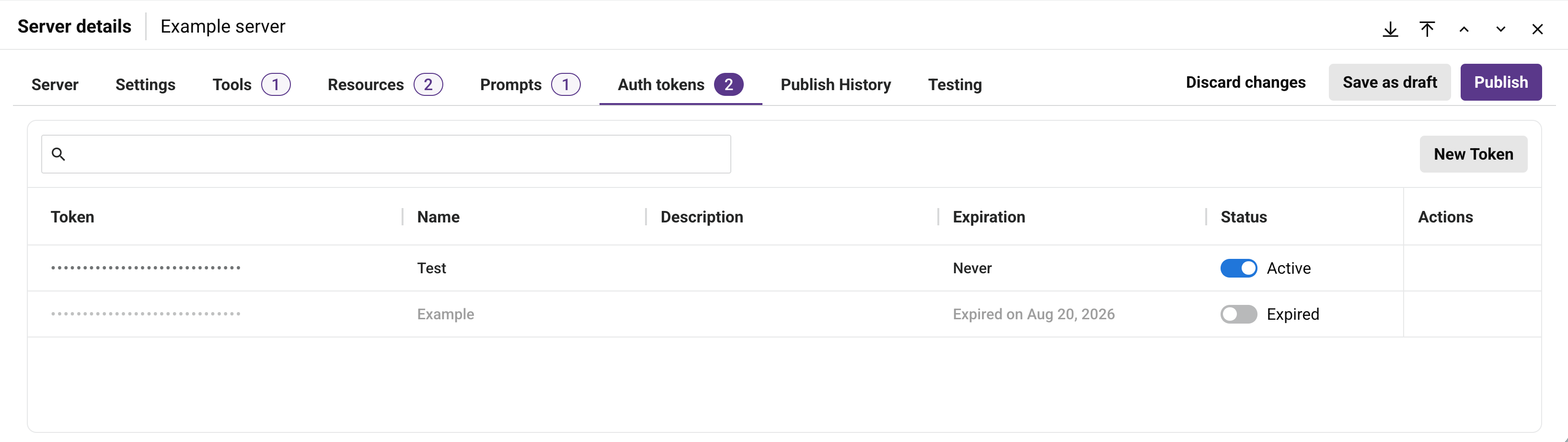 Auth Tokens tab
