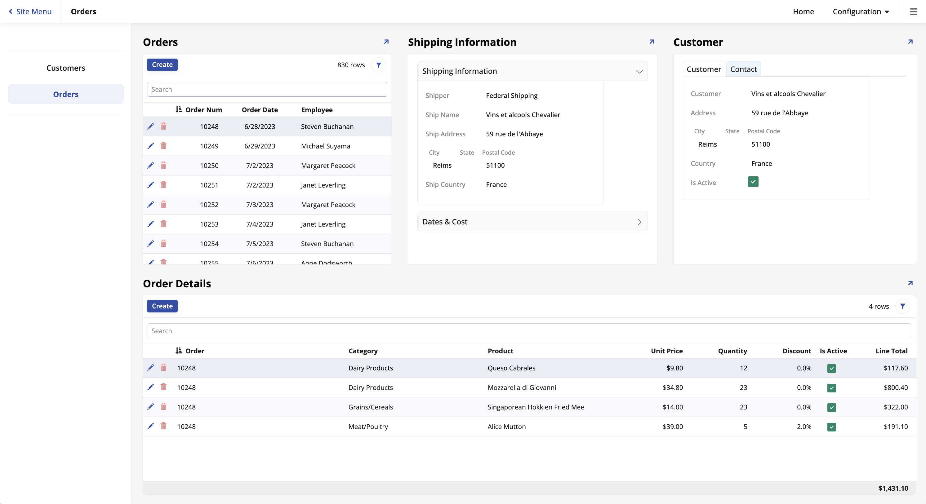 Orders page built by following the tutorial