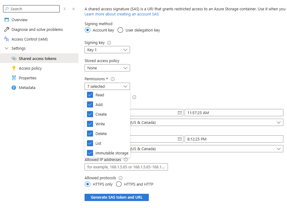 SAS URL permissions