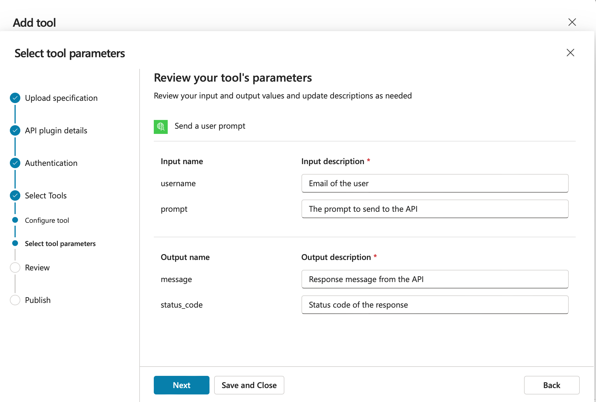 Microsoft Copilot select tool parameters