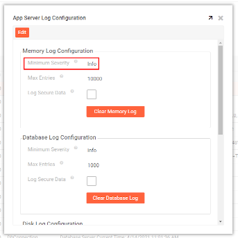 Pantalla de configuración del servidor de aplicaciones, que ilustra la gravedad de la información establecida para la configuración del registro de memoria