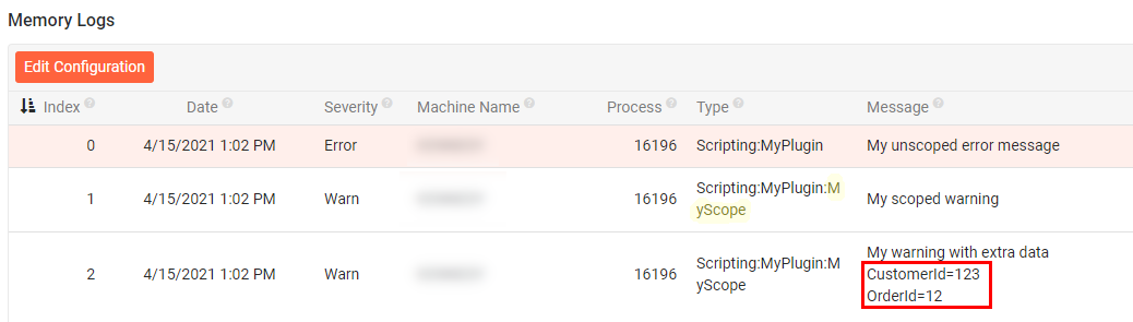 Memory logs example output with scoping configured