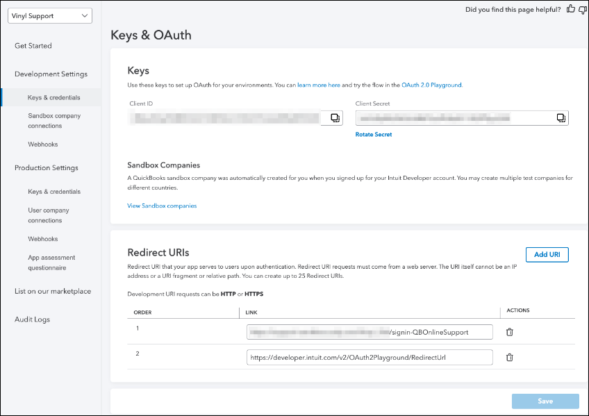 Example showing client ID, client secret, and redirect URL fields