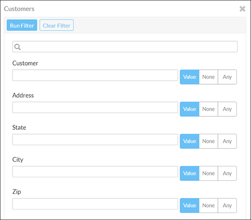 Example filter criteria popup screen