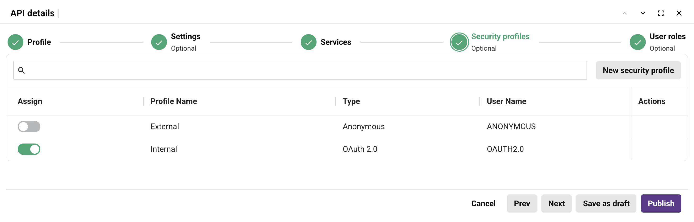 security profiles tab