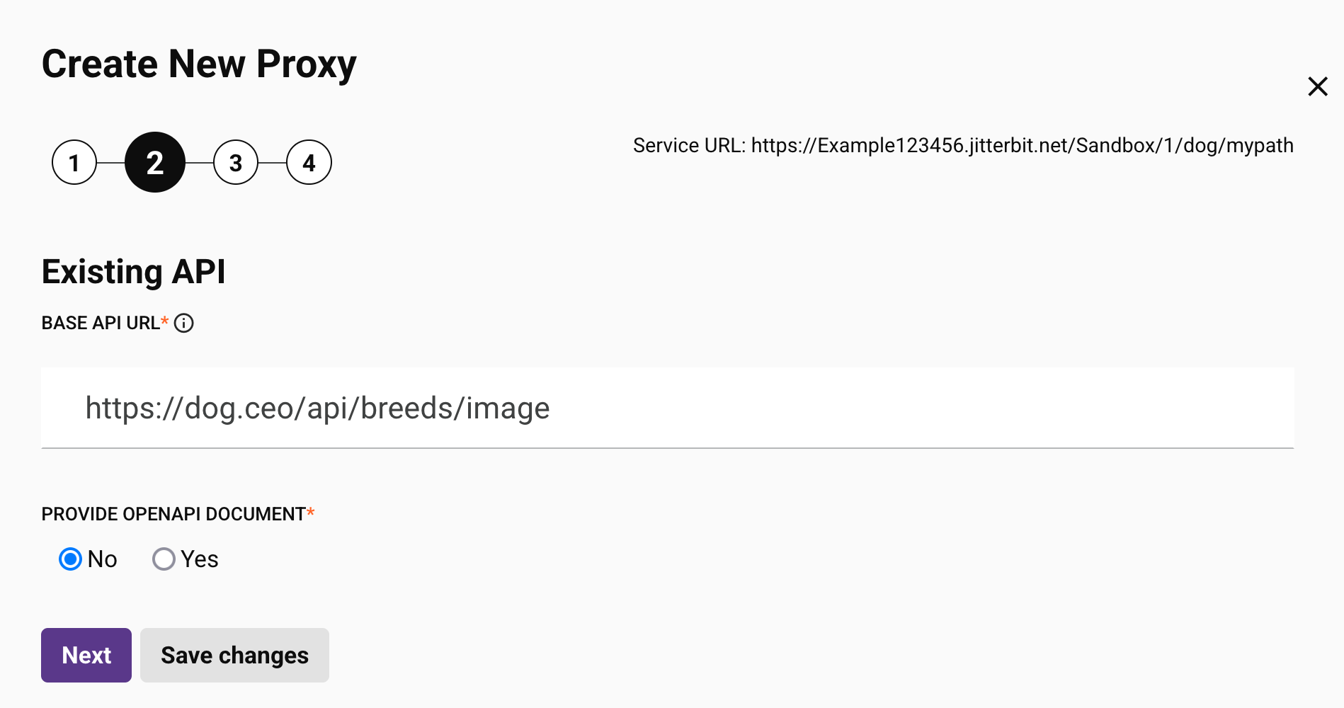 create new proxy step 2 existing API no opAPI document